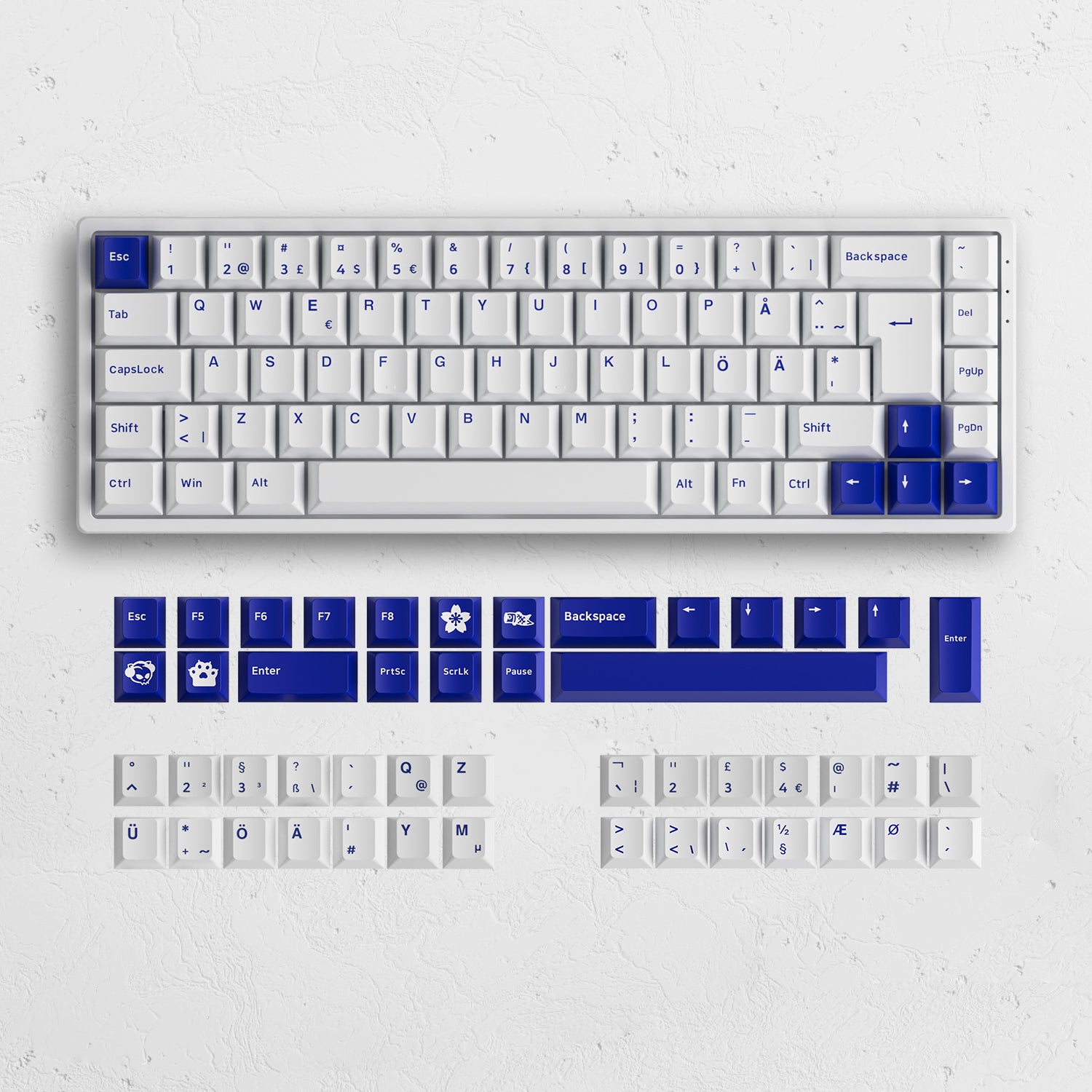 Blue on White 3068B Plus ISO DE/Nordic Keyboard and ISO DE Nordic layout keycaps