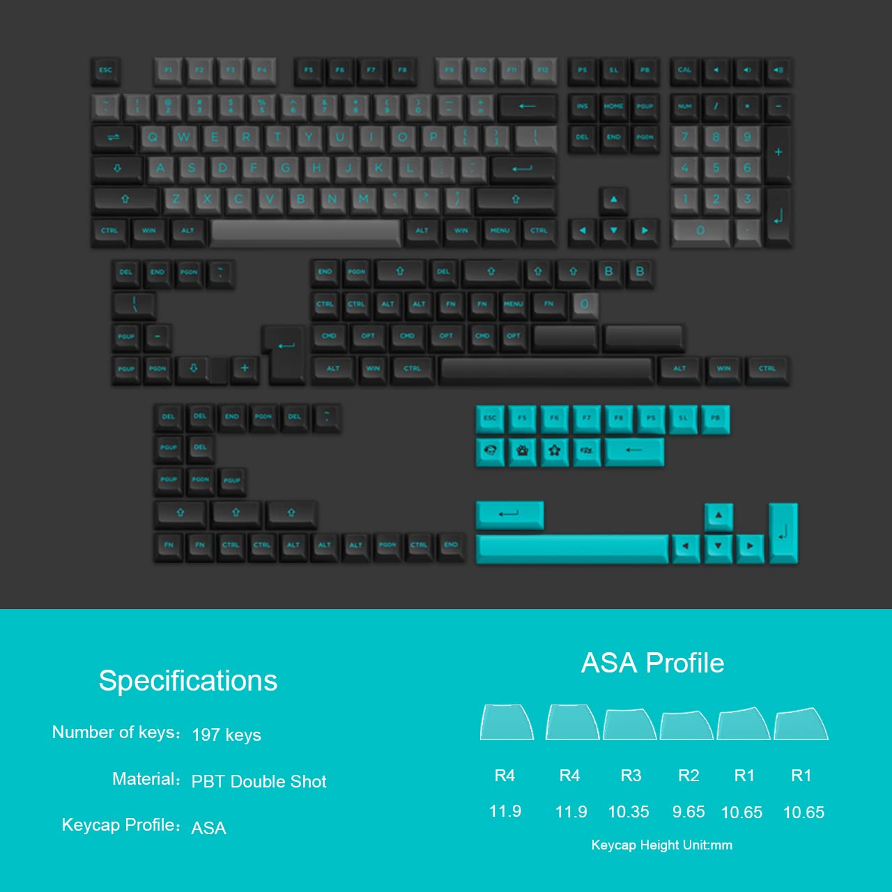 Black & Cyan Keycap Set(197-Key)