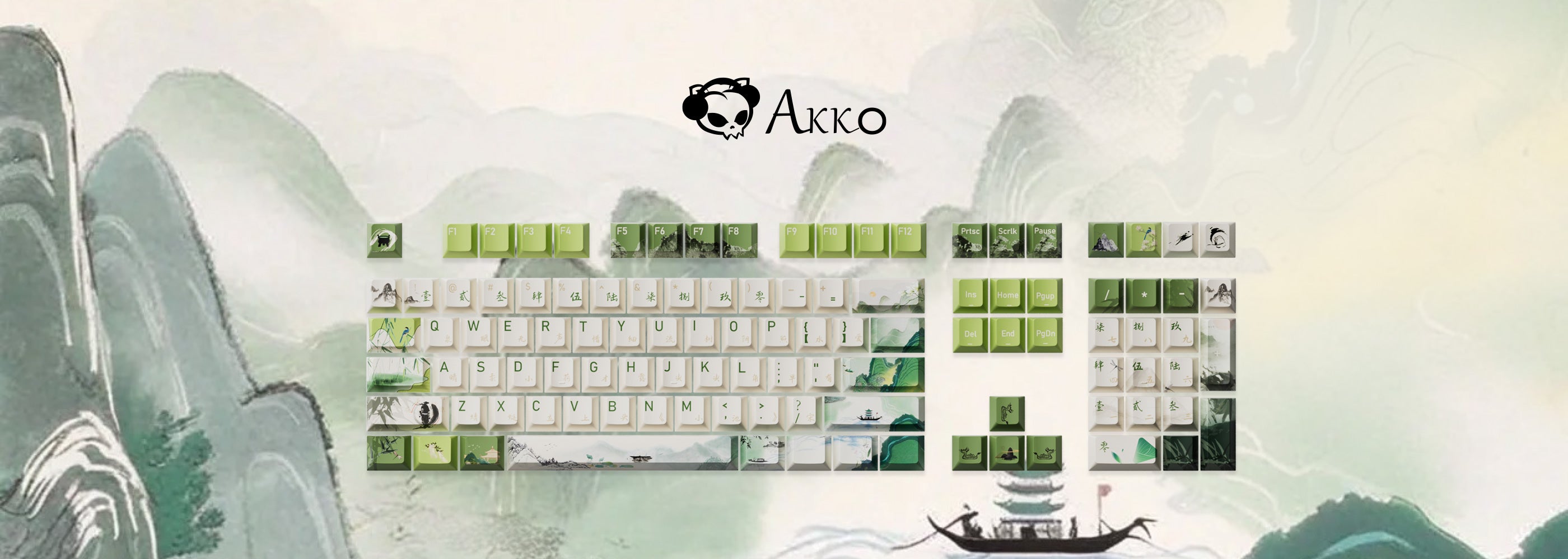 akko summer serenity PBT keycap set with the chinese landscape background