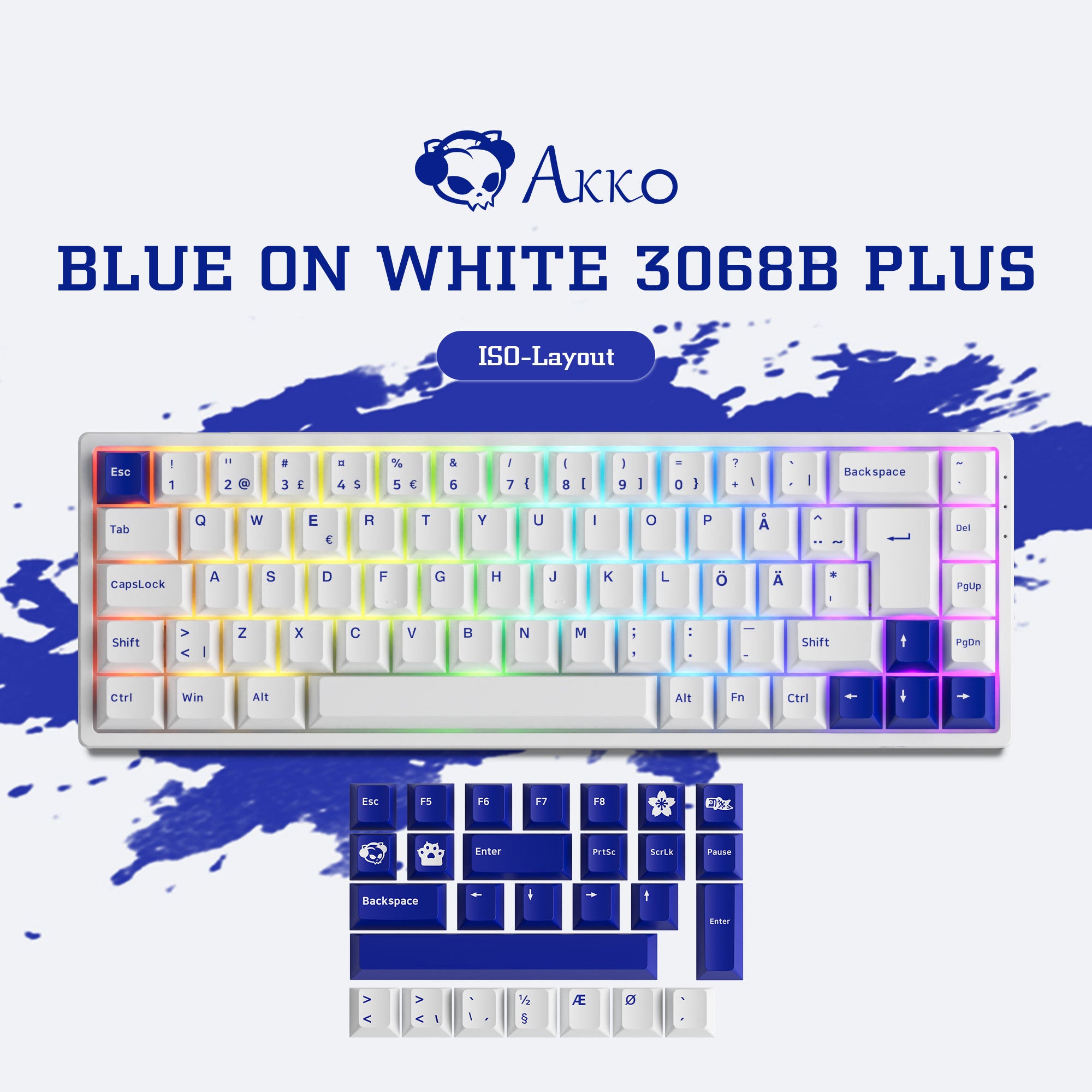 Blue on White 3068B Plus ISO DE/Nordic Keyboard and keycaps