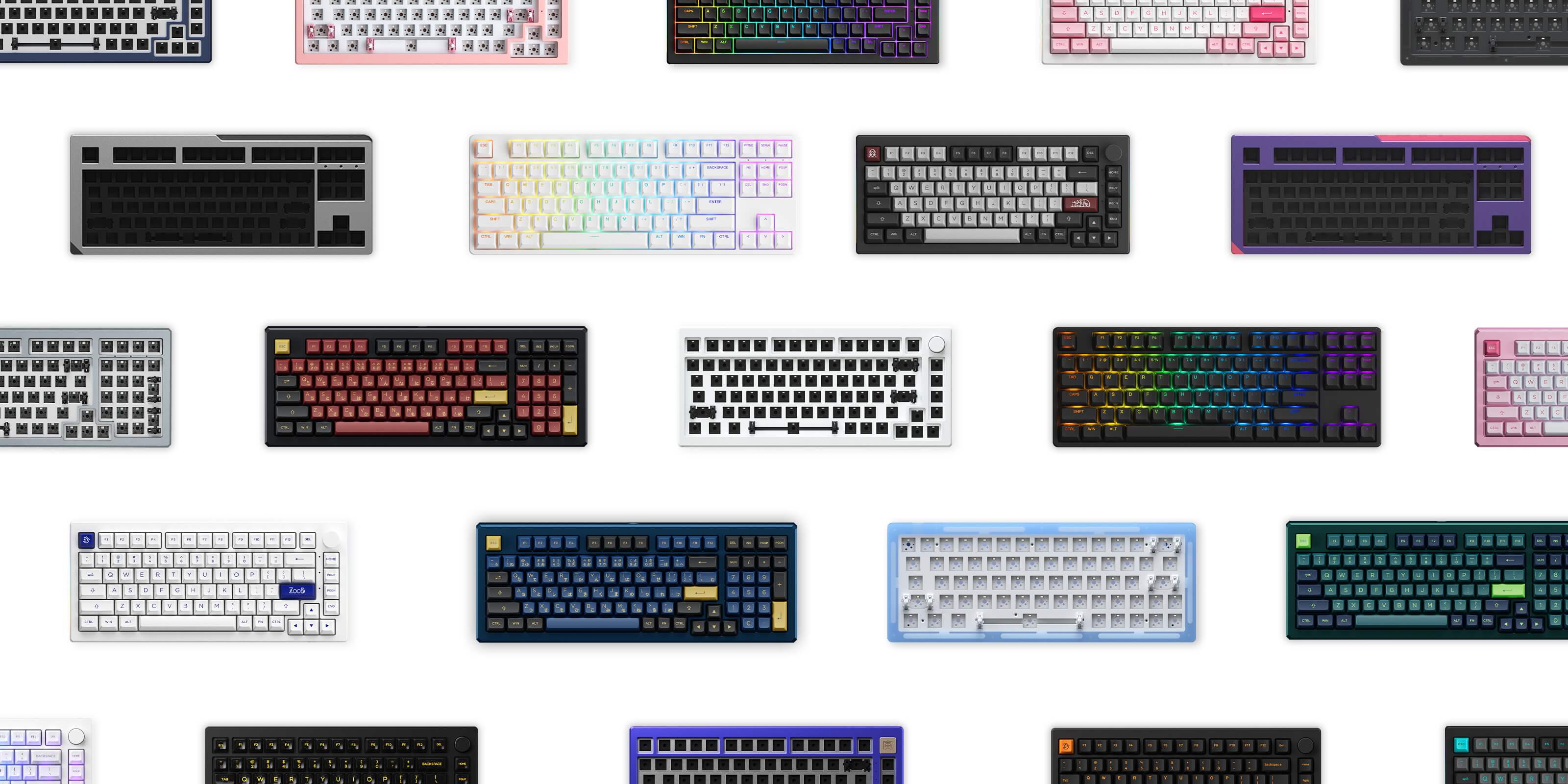 A vibrant collection of Akko mechanical keyboards in various colors, showcasing a spectrum of styles and designs for every taste.