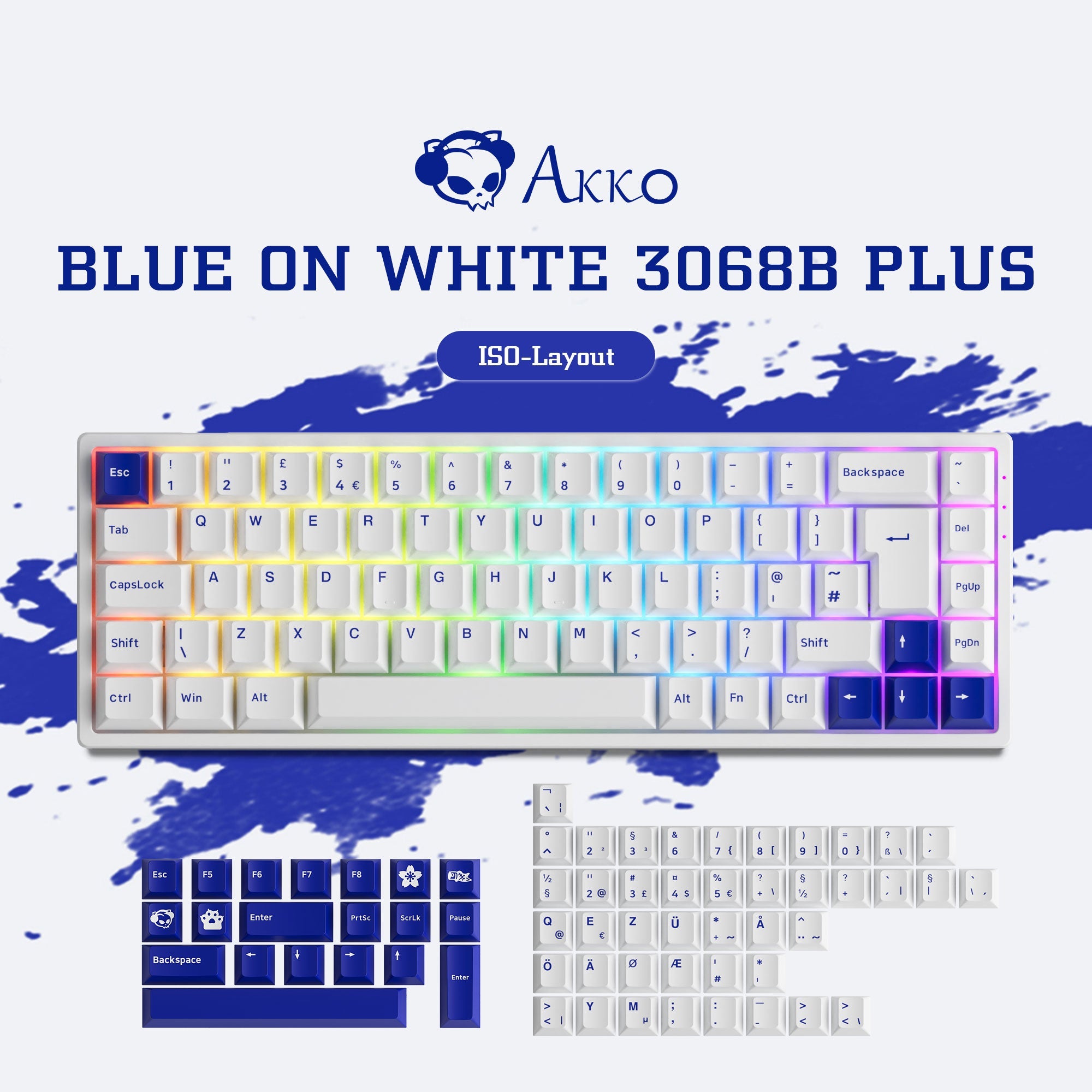 Akko Blue on White 3068B Plus ISO Keyboard and keycaps